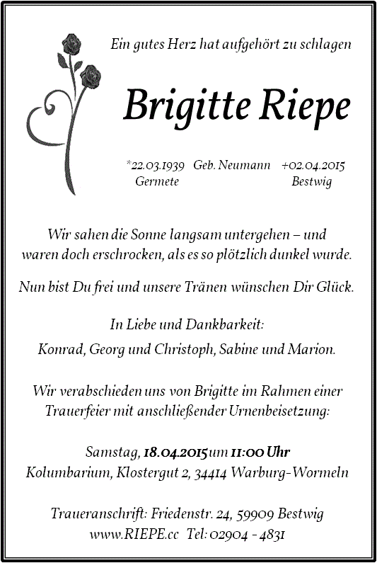 Brigitte Riepe, geborene Neumann, geboren 22.03.1939 in Germete, gestorben 02.04.2015 in Bestwig
